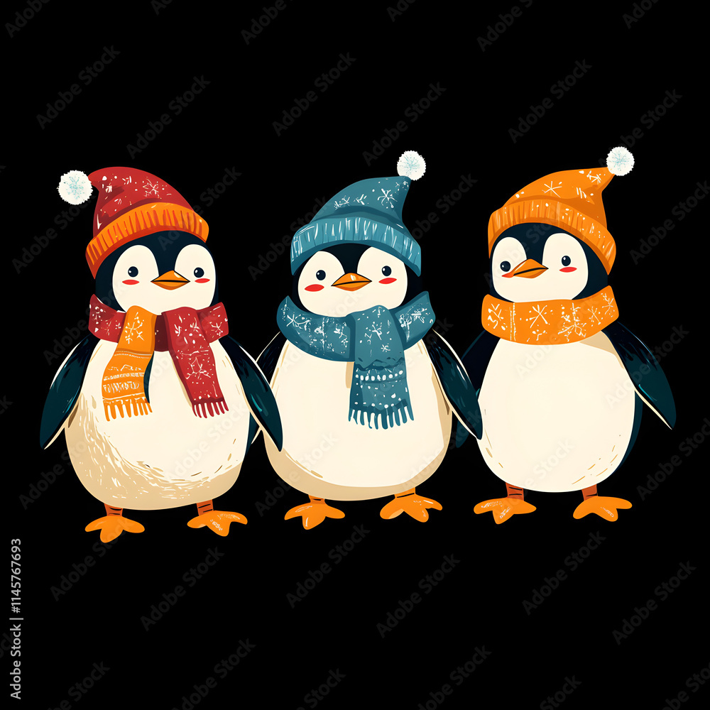 Fototapeta premium Winter fun penguins wearing colorful hats arctic region illustration playful environment close-up cute animals