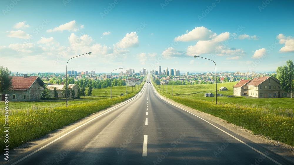 Naklejka premium Highway, empty road to city with skyscraper buildings and modern houses. Two-lane asphalted way perspective view with street lamps and green field by sides, urban cityscape Cartoon vector illustration