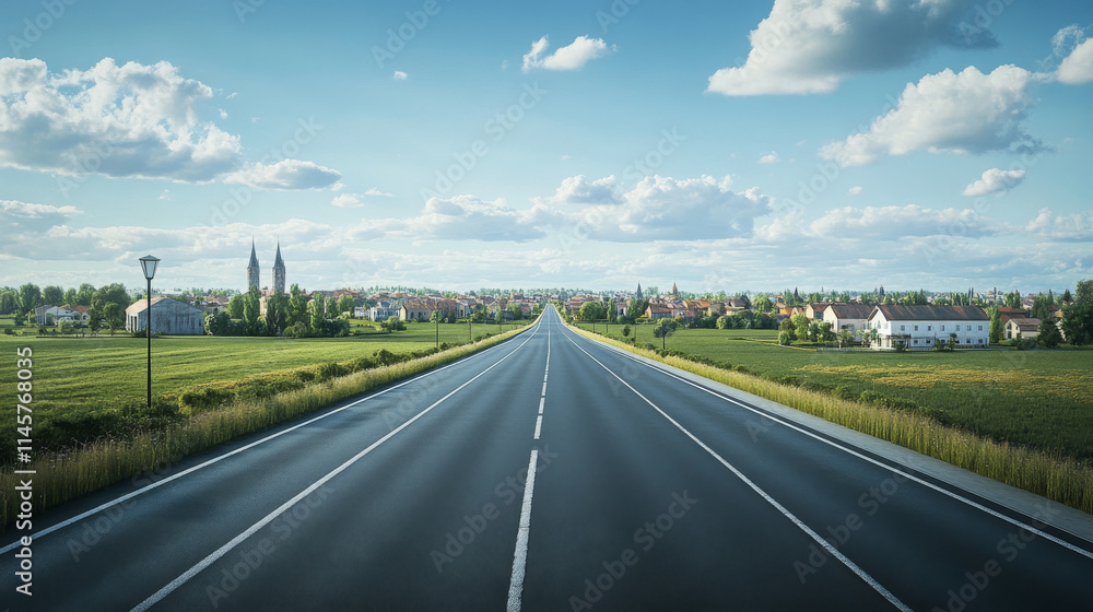 Naklejka premium Highway, empty road to city with skyscraper buildings and modern houses. Two-lane asphalted way perspective view with street lamps and green field by sides, urban cityscape Cartoon vector illustration