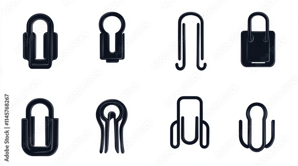 Vector illustration set of paper clip icons. Office supply or accessory used to hold papers together, black silhouette of metal clip in flat design isolated on white background. Vector illustration set of paper clip icons. Office supply or accessory used to hold papers together, black silhouette of metal clip in flat design isolated on white background.
