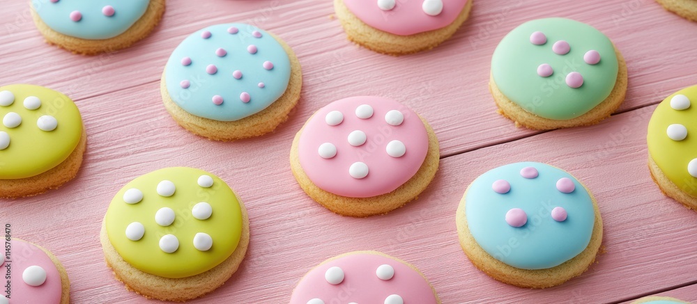 Colorful Easter cookies with polka dots arranged on pink wooden boards showcasing festive spring treats and vibrant decorations. Colorful Easter cookies with polka dots arranged on pink wooden boards showcasing festive spring treats and vibrant decorations.