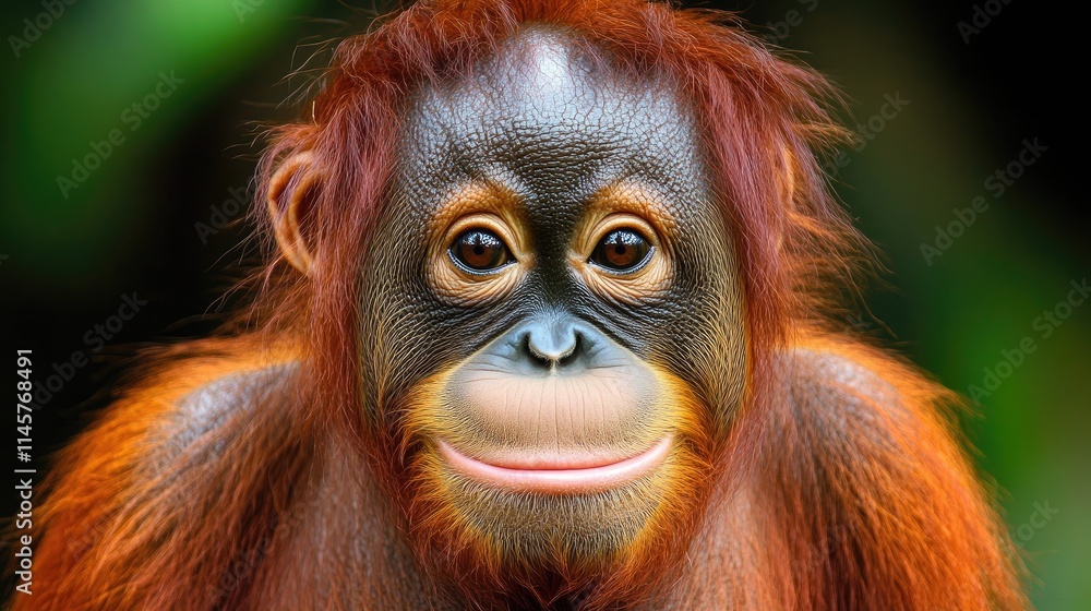 Orangutan portrait with expressive eyes and vibrant fur showcased against a dark blurred background highlighting its natural beauty. Orangutan portrait with expressive eyes and vibrant fur showcased against a dark blurred background highlighting its natural beauty.
