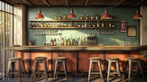 Sunlit rustic bar interior with wooden counter, metal stools, and liquor shelves.