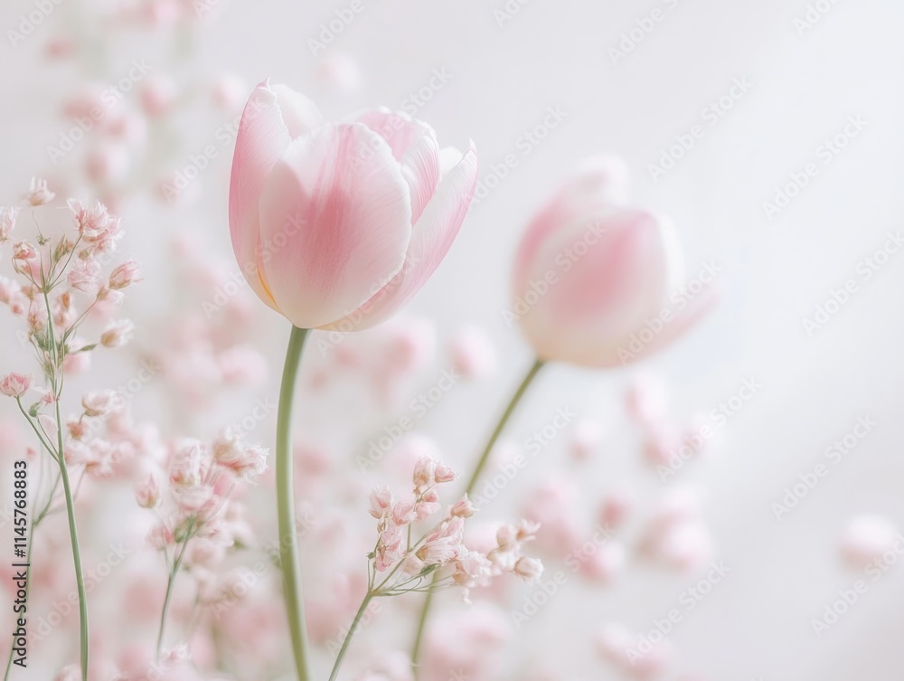 Delicate Pink Tulips and Baby Breath Flowers Bloom Delicate Pink Tulips and Baby Breath Flowers Bloom