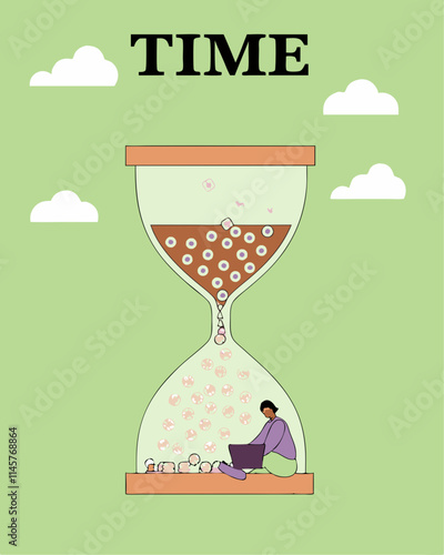 Time Passing Illustration with Hourglass and Person in Contemplation on Green Background