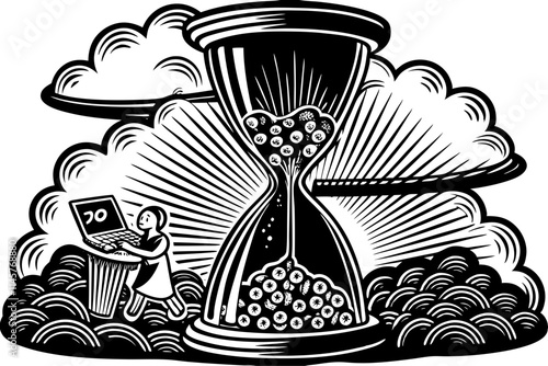 Digital Creativity and the Flow of Time: Illustrated Hourglass with Computer User Symbolizing Productivity and Innovation