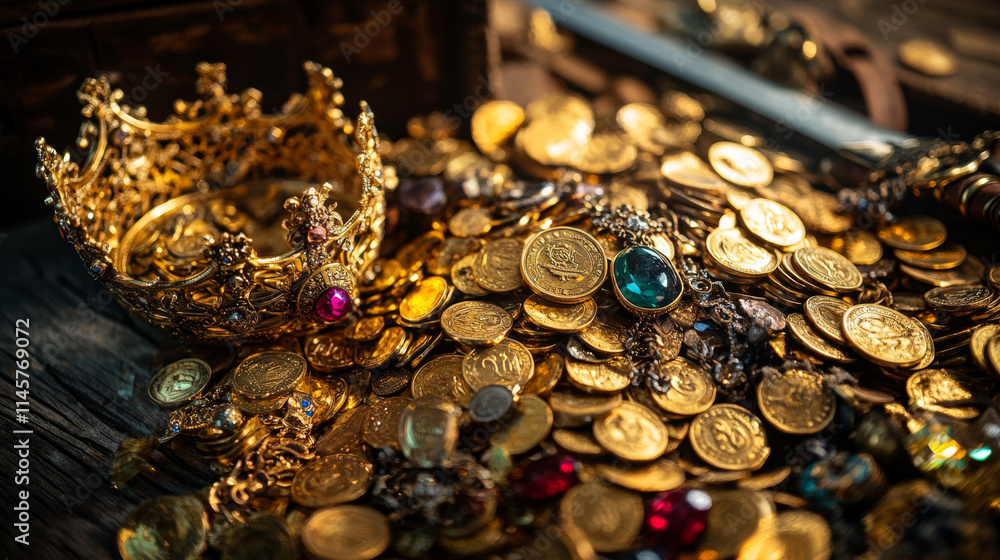 Gold coins heaps with gems and jewelry. Ancient treasure with piles of money for fantasy game of medieval adventure or pirates. Vector cartoon illustration of golden coins, diamonds, crown and sword Gold coins heaps with gems and jewelry. Ancient treasure with piles of money for fantasy game of medieval adventure or pirates. Vector cartoon illustration of golden coins, diamonds, crown and sword