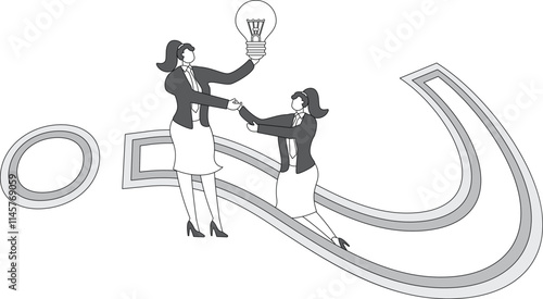 The businesswoman pulls the companion out of the abyss of the question mark and helps the companion solve the problem
