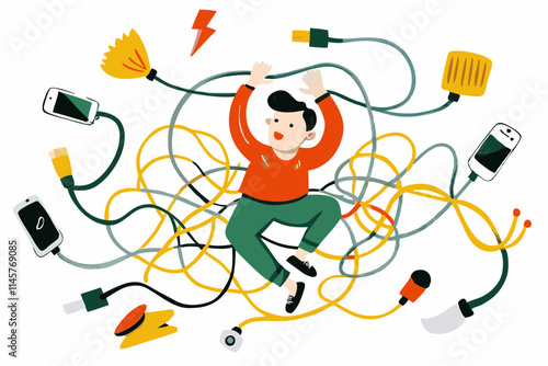 Man Tangled in Cables with Gadgets: The Chaos of Modern Technology and Connectivity