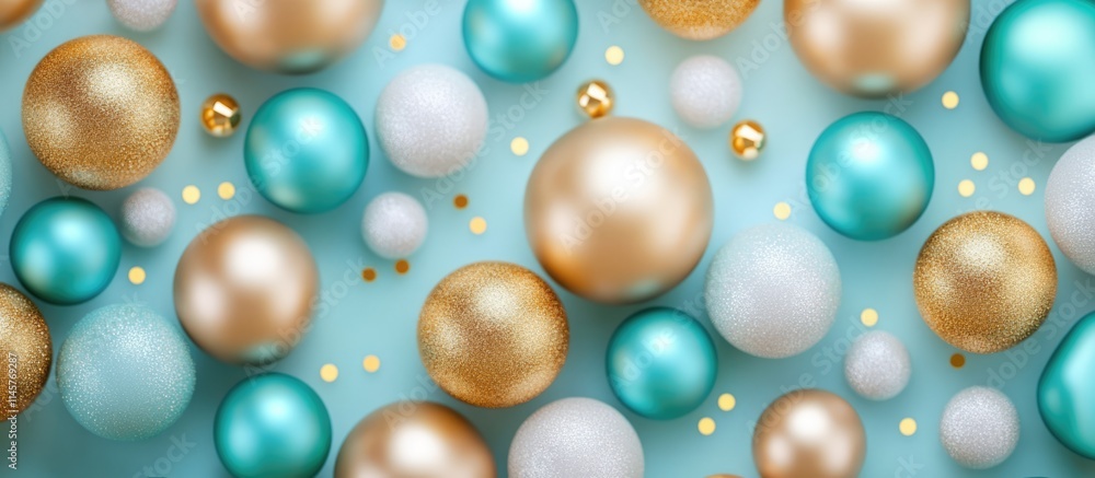 Elegant geometric arrangement of decorative balls in gold and turquoise hues on a soft blue background from a top view perspective Elegant geometric arrangement of decorative balls in gold and turquoise hues on a soft blue background from a top view perspective