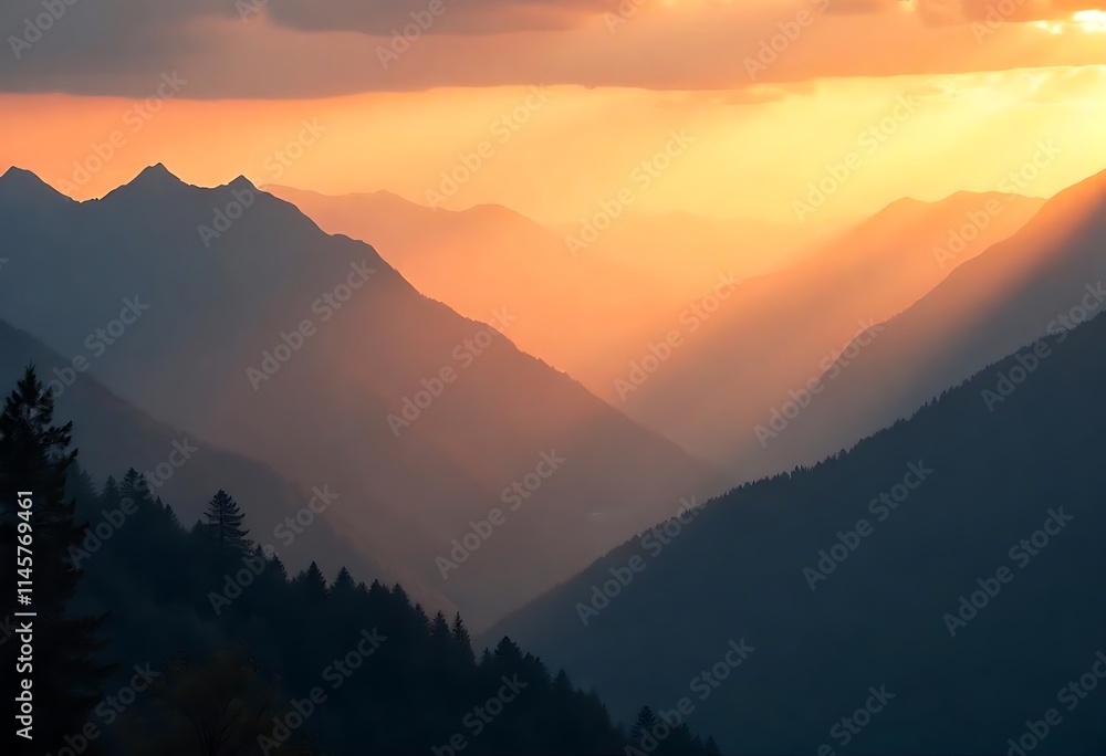 Fototapeta premium Mountain Range at Sunset: Light Rays in Valley