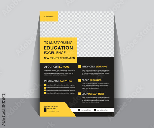 new modern stylish school collage university education admission flyer poster layout, book cover, leaflet, brochure, template, A4 size black and orange color.