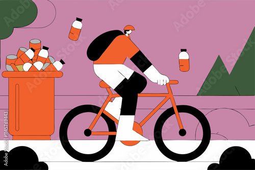 Minimalist Cycling Illustration with Sustainable Living Theme and Colorful Bottles