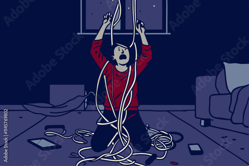 Overwhelmed by Technology: Woman Struggling with Tangled Cables in Living Room at Night