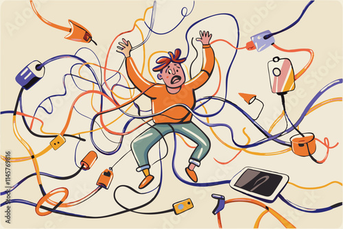 Overwhelmed by Technology: Person Entangled in a Web of Cables and Gadgets