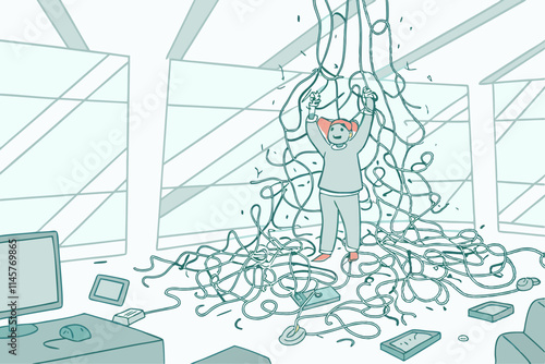 Tangled in Technology: Man Struggles with Messy Office Cables in Modern Workspace