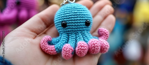 Close up of hand holding blue and pink knitted octopus keychains showcasing intricate craftsmanship and playful design in a vibrant market setting photo