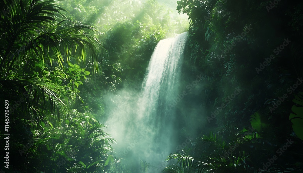 Lush rainforest waterfall cascading down mossy cliff face, sunlight filtering through canopy. Lush rainforest waterfall cascading down mossy cliff face, sunlight filtering through canopy.