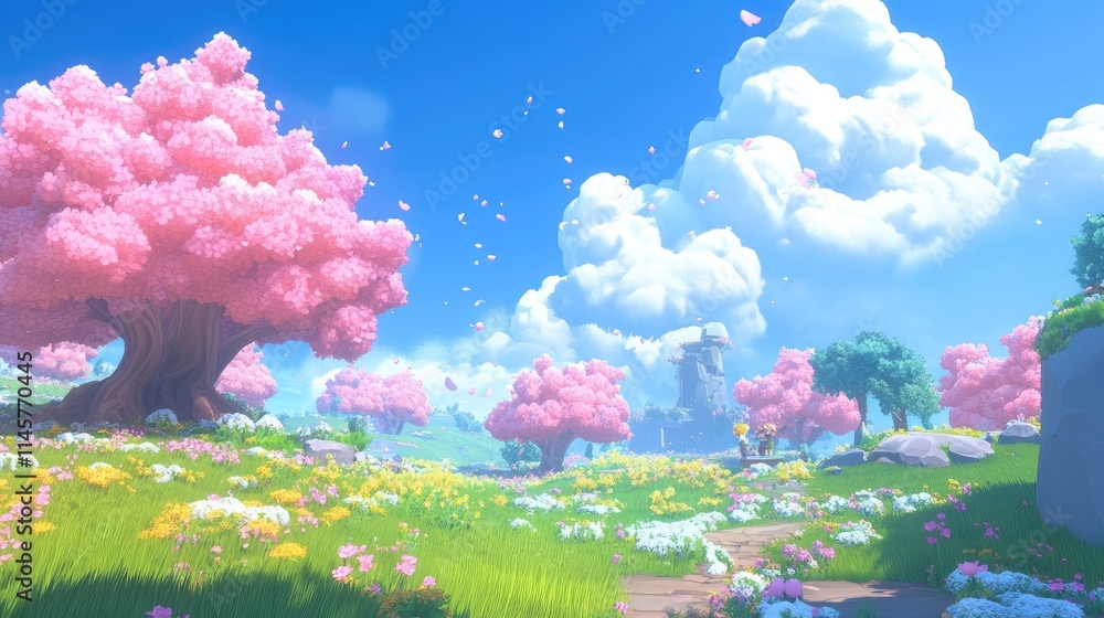 Springtime landscape with blooming cherry blossoms and fluffy clouds under a bright blue sky in a serene and colorful natural setting Springtime landscape with blooming cherry blossoms and fluffy clouds under a bright blue sky in a serene and colorful natural setting