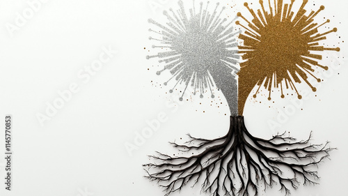 A captivating New Year concept where tree roots grow and spread outward, gradually transforming into abstract firework-like shapes at the ends. photo