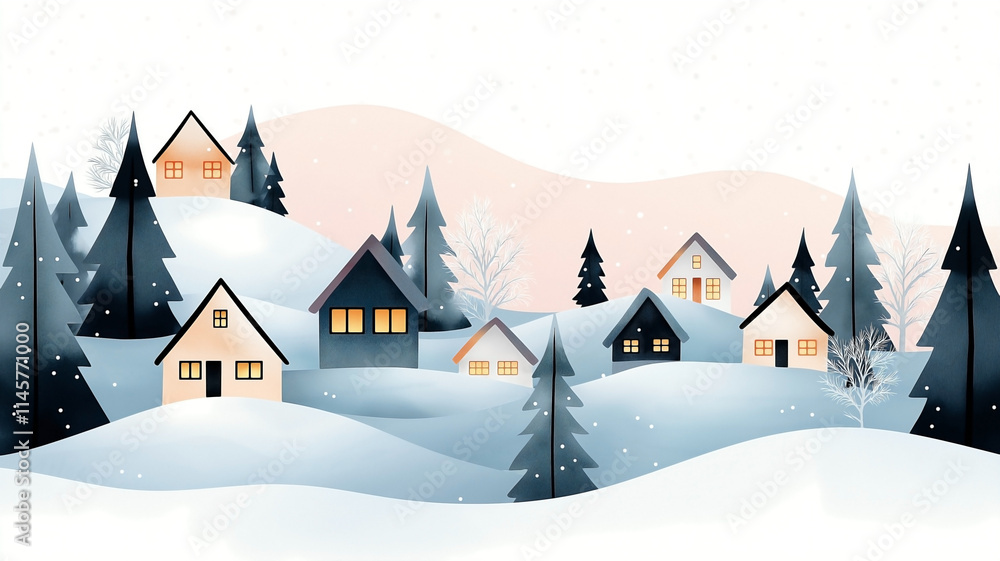 A charming winter village scene, series of quaint houses nestled on gently sloping snowy hills. The houses are adorned with colorful roofs and warm glowing windows, surrounded by tall, pine tree A charming winter village scene, series of quaint houses nestled on gently sloping snowy hills. The houses are adorned with colorful roofs and warm glowing windows, surrounded by tall, pine tree