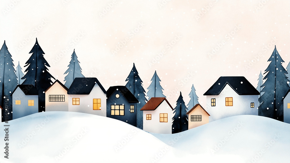 Fototapeta premium A charming winter village scene, series of quaint houses nestled on gently sloping snowy hills. The houses are adorned with colorful roofs and warm glowing windows, surrounded by tall, pine tree