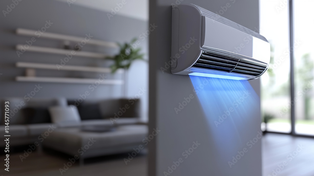Air conditioner with cold and warm wind waves, refreshing and purifier conditioning effect. Electronic modern appliance for controlling temperature and climate in room Realistic 3d vector illustration Air conditioner with cold and warm wind waves, refreshing and purifier conditioning effect. Electronic modern appliance for controlling temperature and climate in room Realistic 3d vector illustration
