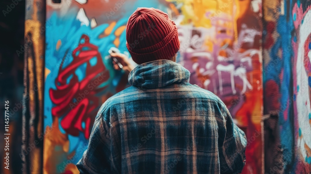 Obraz premium Young Artist Appreciates Urban Graffiti Art
