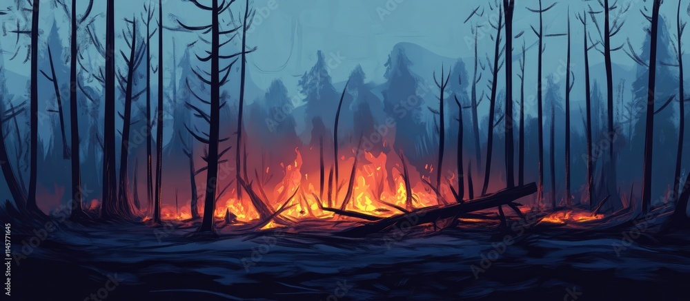Devastating wildfires in a burned forest landscape with glowing flames and charred trees in a moody, atmospheric setting.
