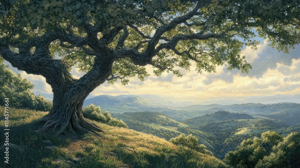 Scenic view from a majestic tree overlooking rolling hills and valleys under a dramatic sky during golden hour