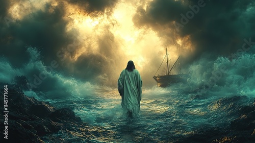 Jesus Christ walks calmly towards a boat on a stormy sea, offering hope and salvation.