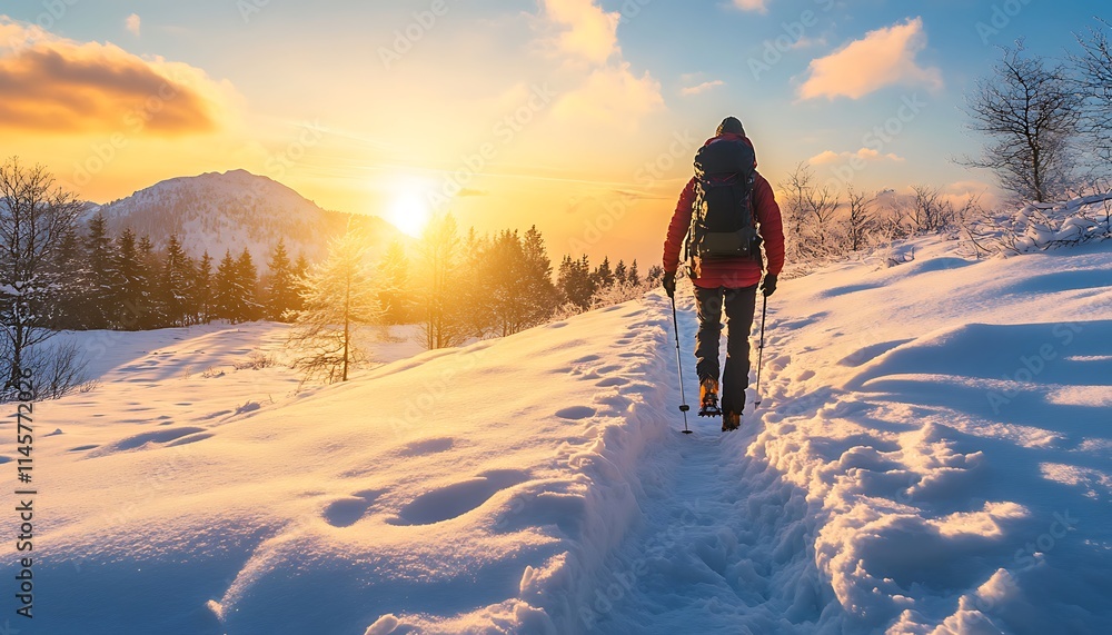 Hiker trekking snowy mountain path at sunset. Hiker trekking snowy mountain path at sunset.