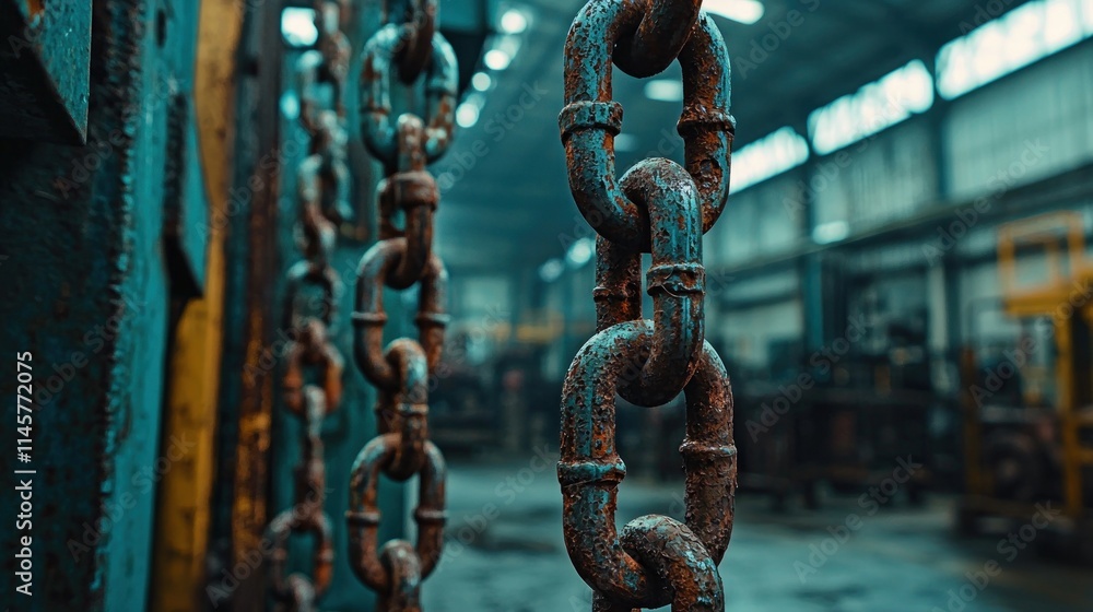 Rusty Metal Chains Hanging in an Industrial Warehouse Setting with Soft Focus Background, Highlighting Textures and Details of the Weathered Surface Rusty Metal Chains Hanging in an Industrial Warehouse Setting with Soft Focus Background, Highlighting Textures and Details of the Weathered Surface