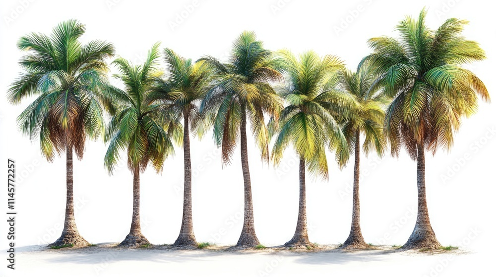 Obraz premium Coconut palm trees in a row showcasing lush green foliage against a white background ideal for summer themed designs and tropical landscapes