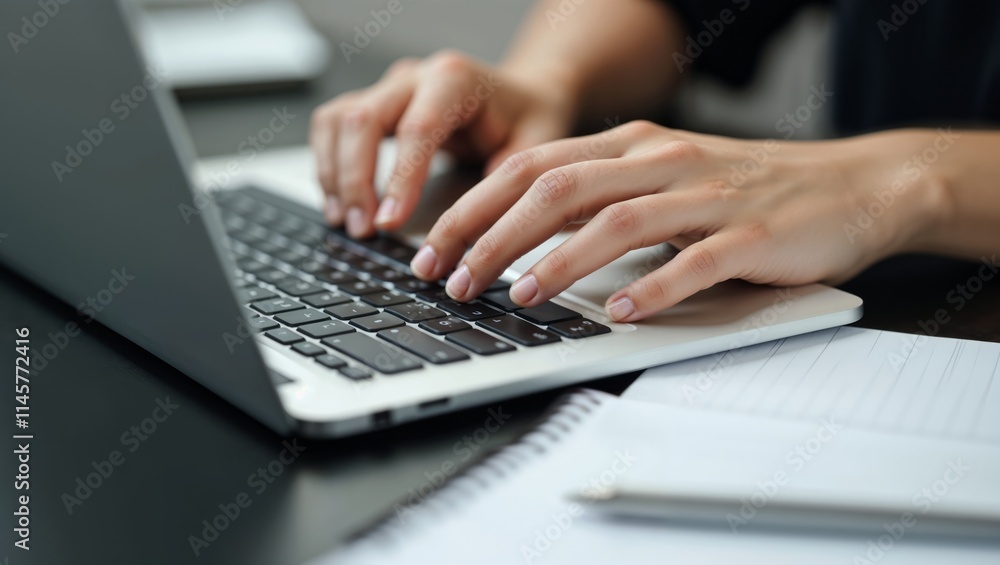 Person Typing on Laptop at Desk with Notes and Pen Person Typing on Laptop at Desk with Notes and Pen