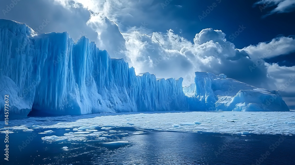 Fototapeta premium Dramatic blue icebergs and glacier wall under a cloudy sky.