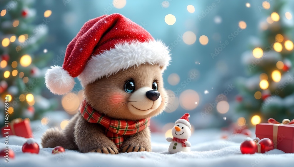 3D Cartoon Bear Character Wearing Santa Claus Hat for Christmas 3D Cartoon Bear Character Wearing Santa Claus Hat for Christmas