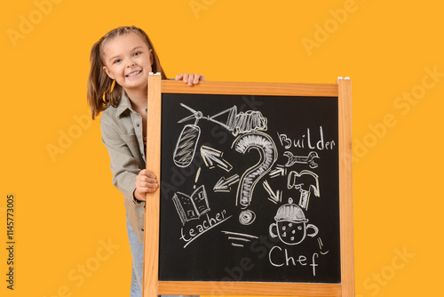 Cute girl and chalkboard wi...