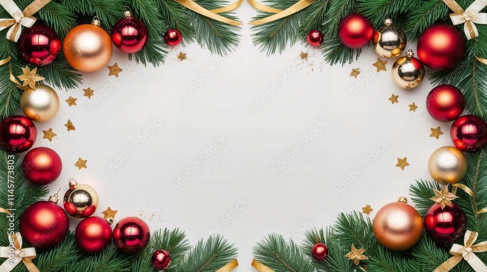 Festive Christmas Background With Red and Gold Ornaments and Greenery Festive Christmas Background With Red and Gold Ornaments and Greenery