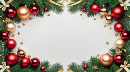 Festive Christmas Background With Red and Gold Ornaments and Greenery