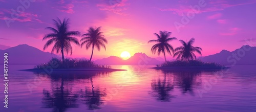 Vibrant purple sunrise on a tropical island with palm trees reflecting in calm waters creating a serene nature landscape backdrop