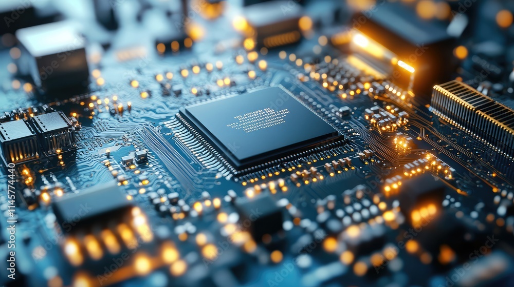 A magnified view of a microchip design under a microscope, revealing the fine details of its etched circuits and connectors A magnified view of a microchip design under a microscope, revealing the fine details of its etched circuits and connectors