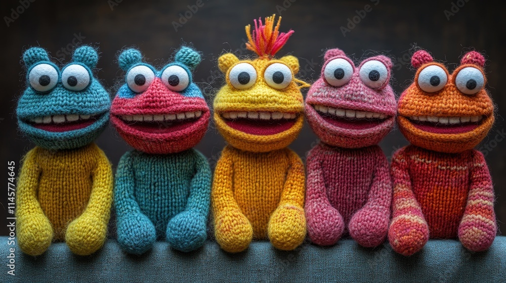 Colorful sock puppets lined up against a dark background showcasing their playful expressions Perfect for creative projects or children's content Colorful sock puppets lined up against a dark background showcasing their playful expressions Perfect for creative projects or children's content