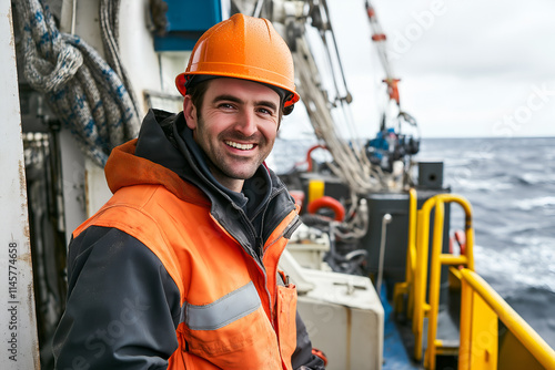 Offshore geophysicist smiling, conducting surveys aboard a research vessel, looking at camera, Close-up outdoors portrait photo