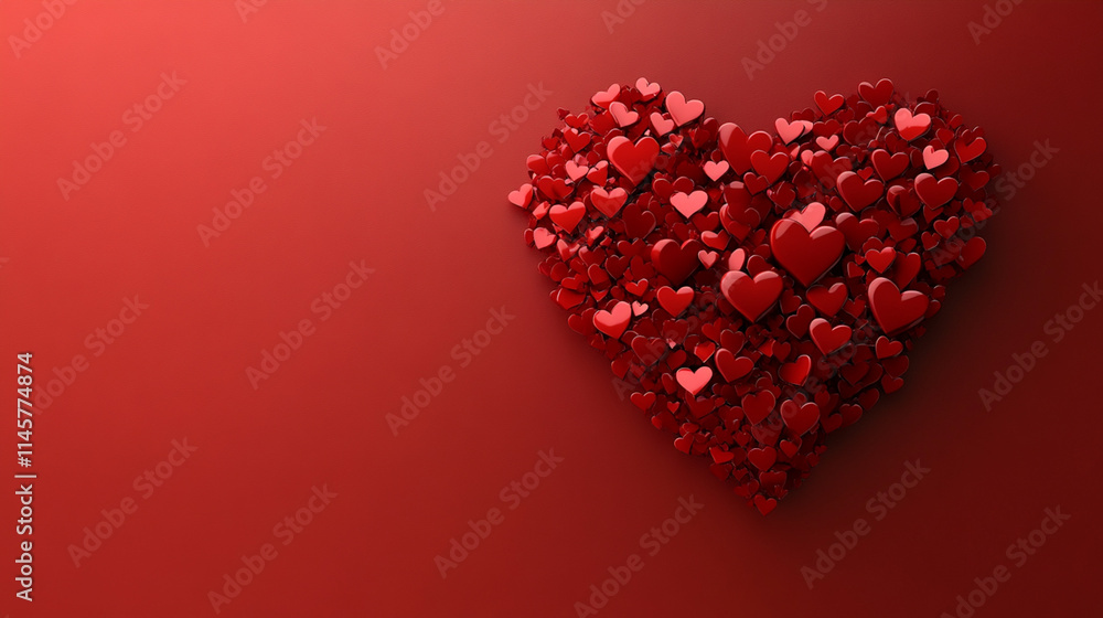 a large red heart made up of smaller hearts located on the right on a matte red background a large red heart made up of smaller hearts located on the right on a matte red background