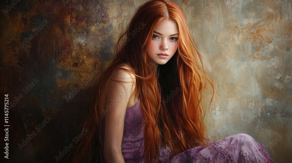 Fototapeta premium Young woman with long flowing red hair in a serene pose against a textured background capturing beauty and tranquility in natural light.