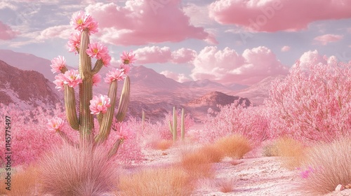 Vibrant pink cactus blossoms amid a surreal desert landscape with pastel skies and soft clouds creating a dreamlike atmosphere.