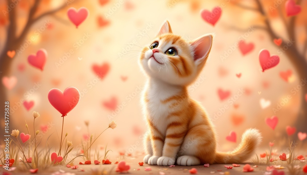 Adorable Cat with Heart-Themed Background for Valentine's Day Adorable Cat with Heart-Themed Background for Valentine's Day
