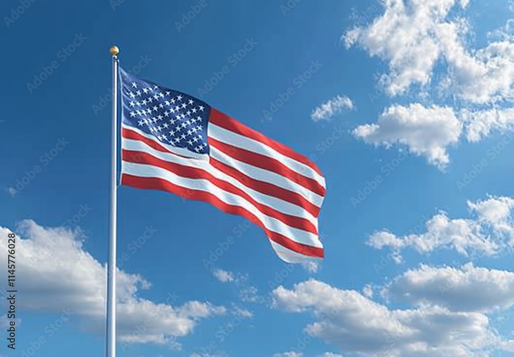 Fototapeta premium US flag waving against a blue sky with clouds.