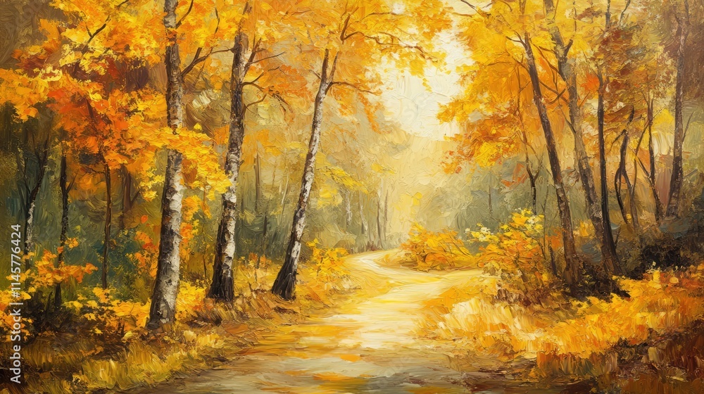 Fototapeta premium Autumn forest pathway surrounded by vibrant golden trees and soft sunlight illuminating the serene landscape in a tranquil setting